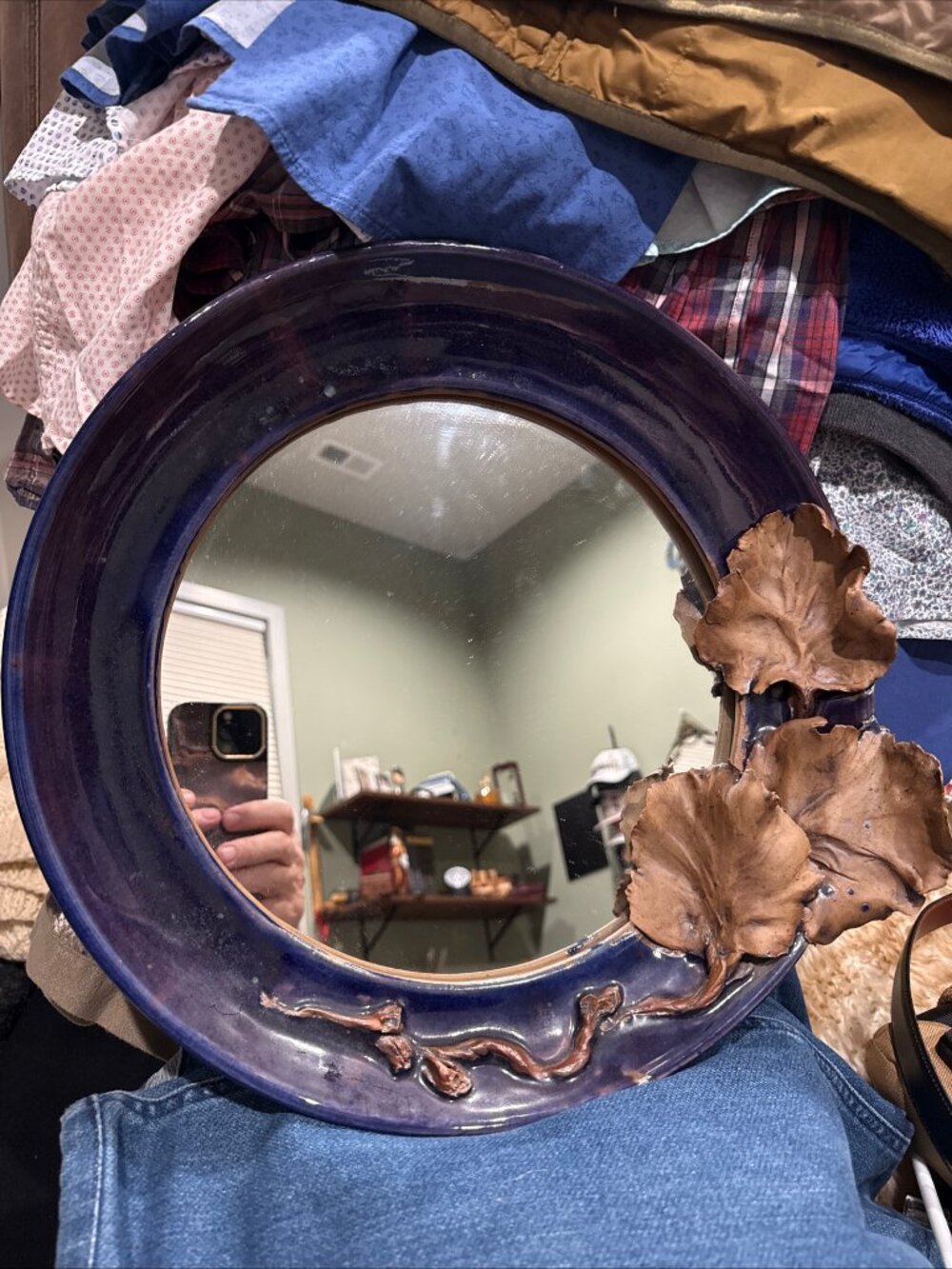 Durango Pottery Donna Rowe Vintage 3D Round Blue-Glazed  Art Pottery Wall Mirror